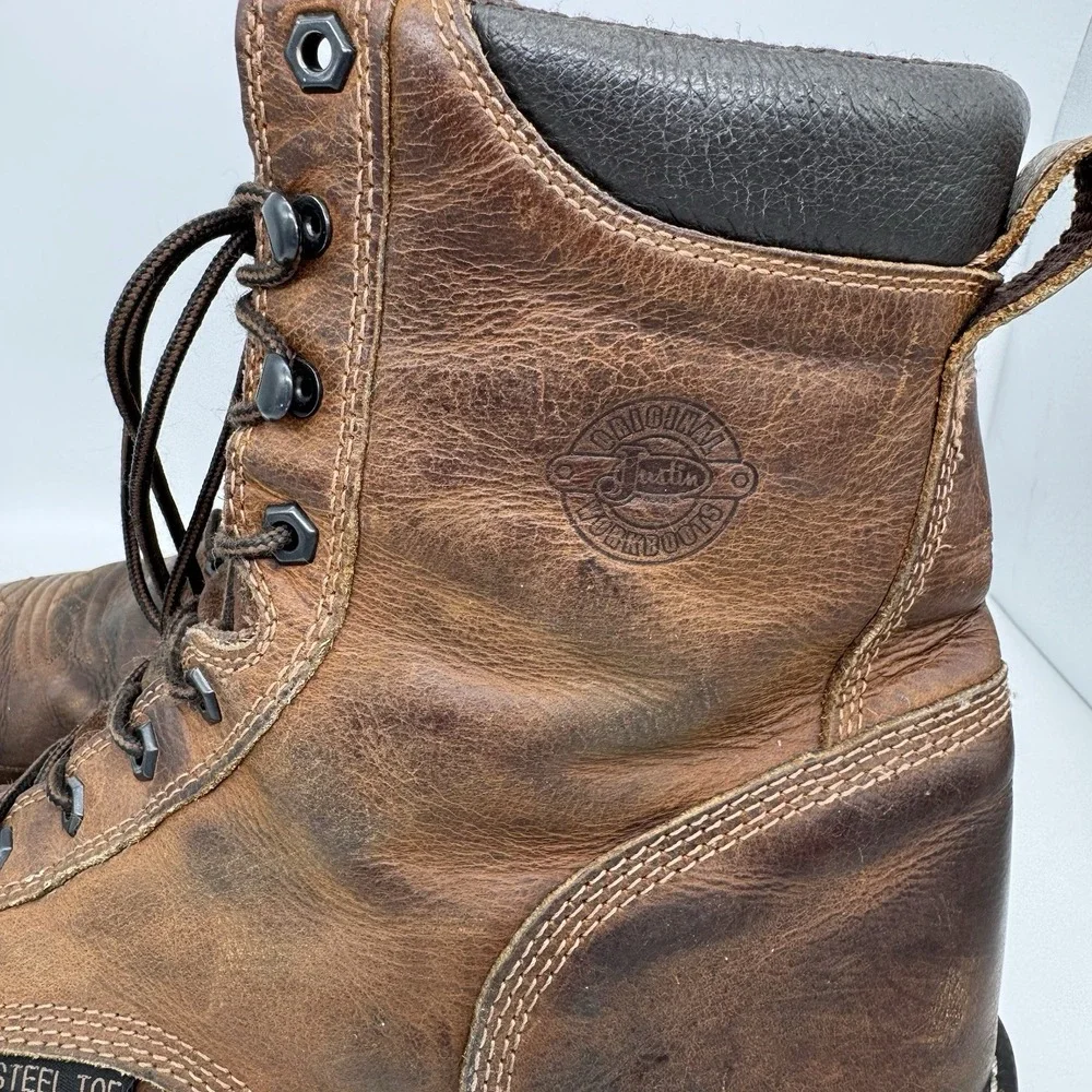 Justin Mens Steel Toe Work‎ Boot Size 13D Brown Stampede Square Leather WK682